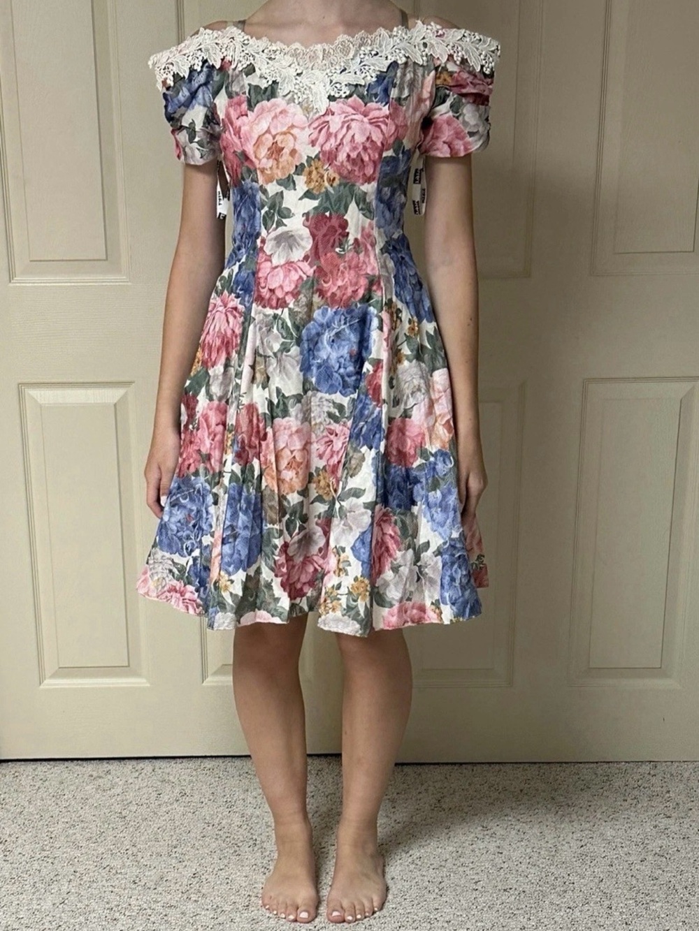 Vintage Niki Originals Floral Lace-Trim Off-Shoulder Dress
